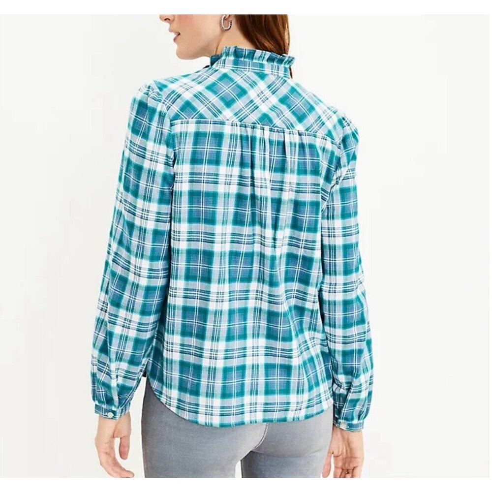 Loft Shirt Size XL Womens Blue Button Front Plaid Ruffle Collar Prairie Top NEW - Picture 3 of 10